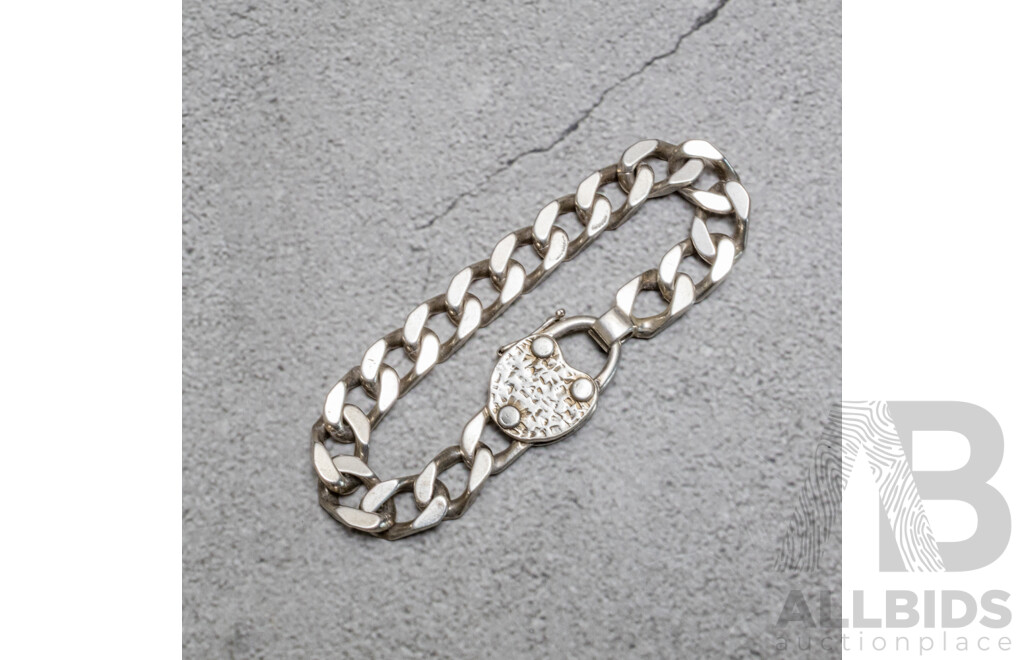 Vintage Solid Sterling Silver Men's Flat Curb Link Padlock Bracelet, 20.5cm, 49.68 Grams