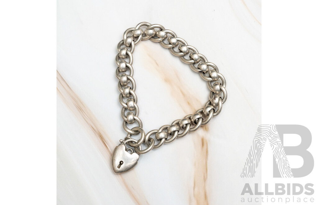 Vintage Solid Sterling Silver Fancy Link Padlock Bracelet, 20cm, 51.81 Grams
