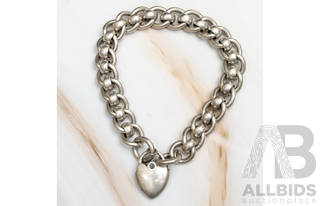 Vintage Solid Sterling Silver Fancy Link Padlock Bracelet, 20cm, 51.81 Grams