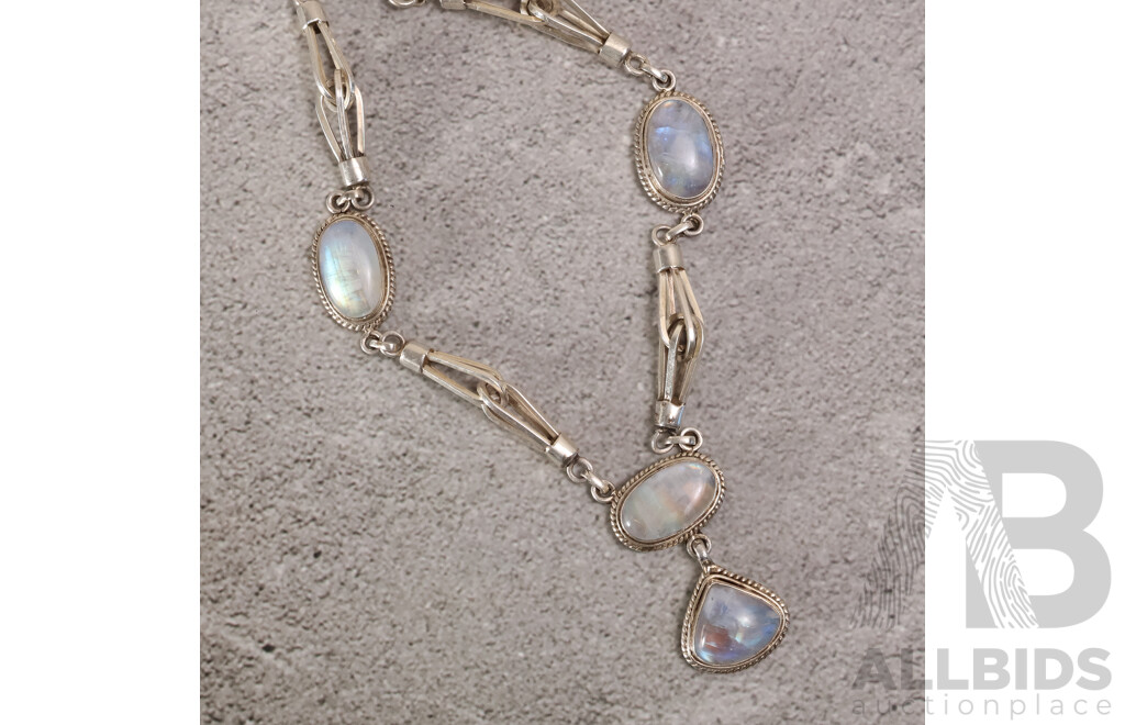 Vintage Sterling Silver Moonstone Cabochon Drop Pendant Necklace, 45cm, 61.34 Grams