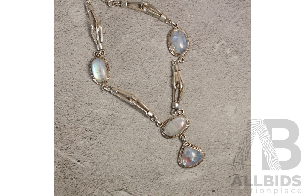 Vintage Sterling Silver Moonstone Cabochon Drop Pendant Necklace, 45cm, 61.34 Grams