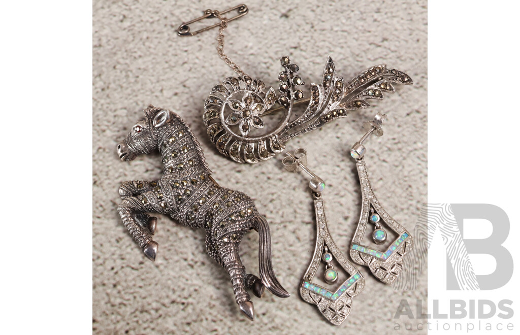 Sterling Silver Art Deco Style Diamond & Opal Set Drop Stud Earrings, TDW0.70ct, with (2) SS Marcasite Brooches, 23.36 Grams