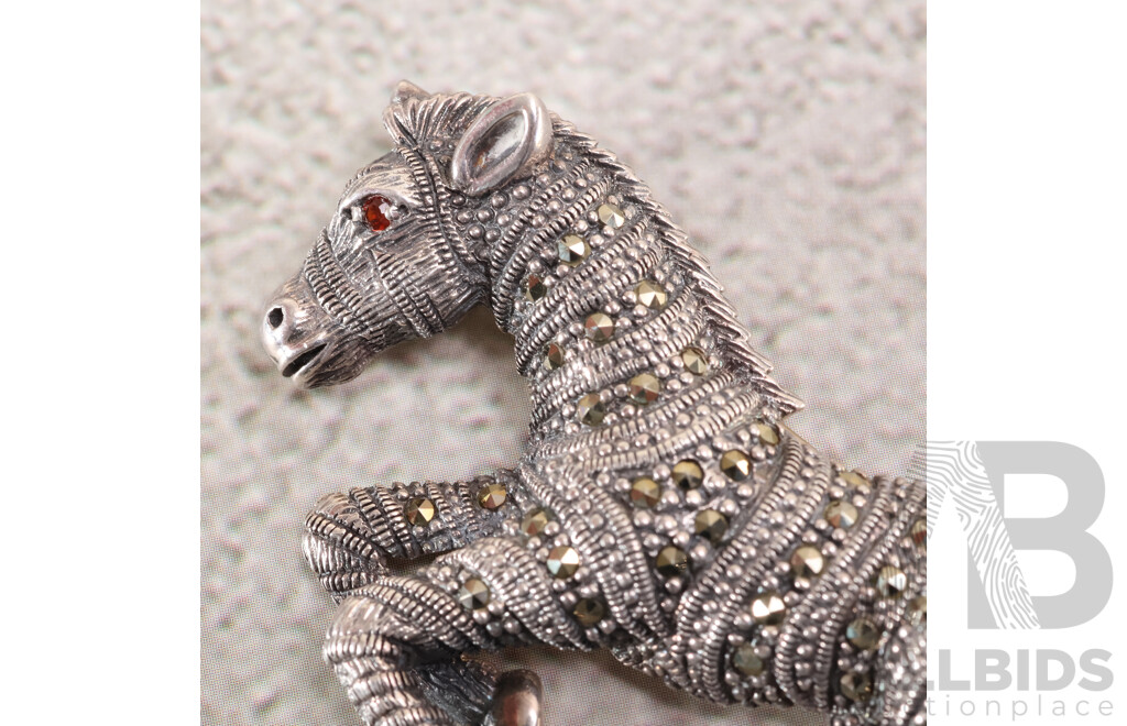 Sterling Silver Art Deco Style Diamond & Opal Set Drop Stud Earrings, TDW0.70ct, with (2) SS Marcasite Brooches, 23.36 Grams