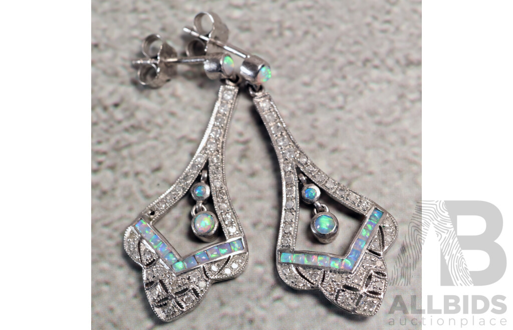 Sterling Silver Art Deco Style Diamond & Opal Set Drop Stud Earrings, TDW0.70ct, with (2) SS Marcasite Brooches, 23.36 Grams
