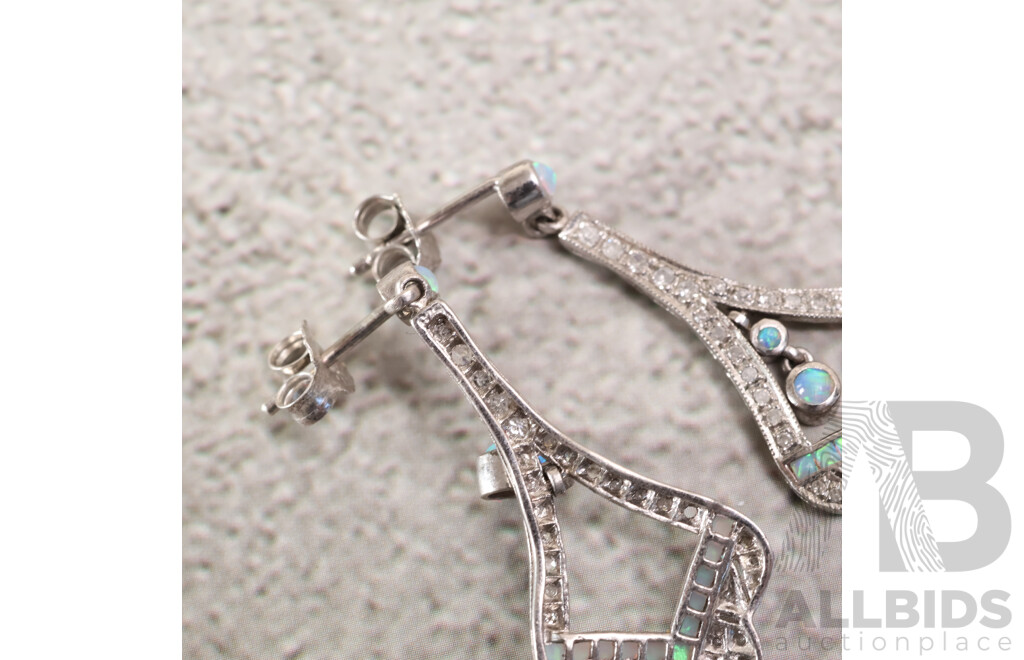 Sterling Silver Art Deco Style Diamond & Opal Set Drop Stud Earrings, TDW0.70ct, with (2) SS Marcasite Brooches, 23.36 Grams