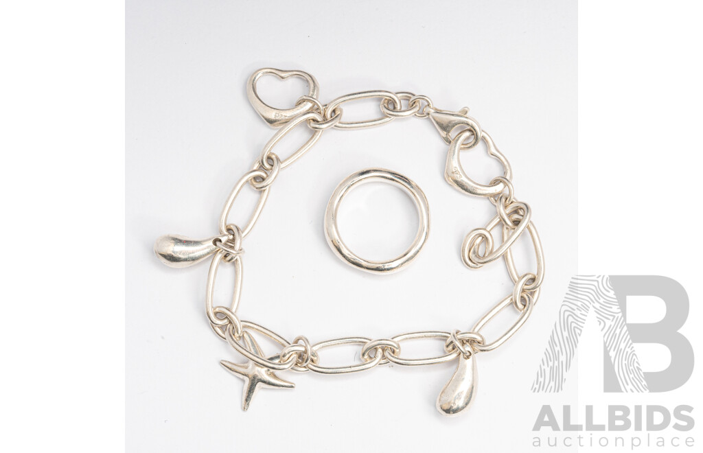 Sterling Silver Oval Belcher Link Bracelet with Charms, 19cm & Complimenting Organic Shaped Sterling Silver Ring, Size K, 28.16 Grams