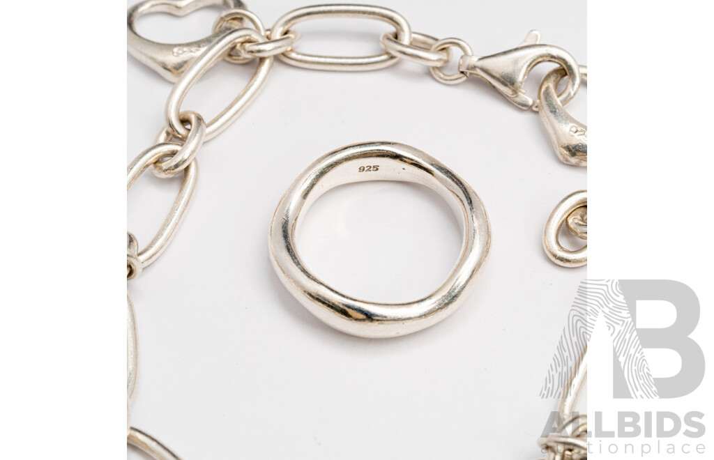 Sterling Silver Oval Belcher Link Bracelet with Charms, 19cm & Complimenting Organic Shaped Sterling Silver Ring, Size K, 28.16 Grams