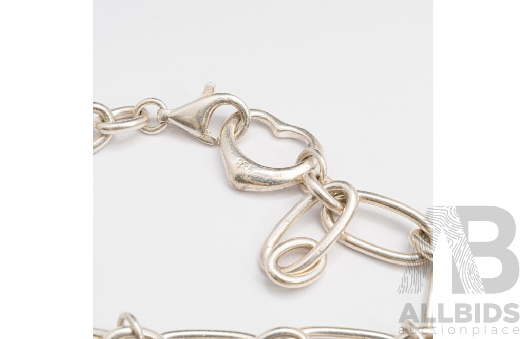 Sterling Silver Oval Belcher Link Bracelet with Charms, 19cm & Complimenting Organic Shaped Sterling Silver Ring, Size K, 28.16 Grams