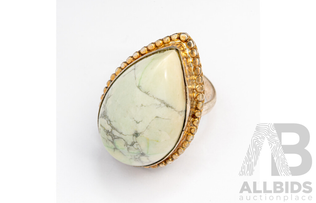 Sterling Silver Variscite Cabochon Ring, Size R, 12.96 Grams