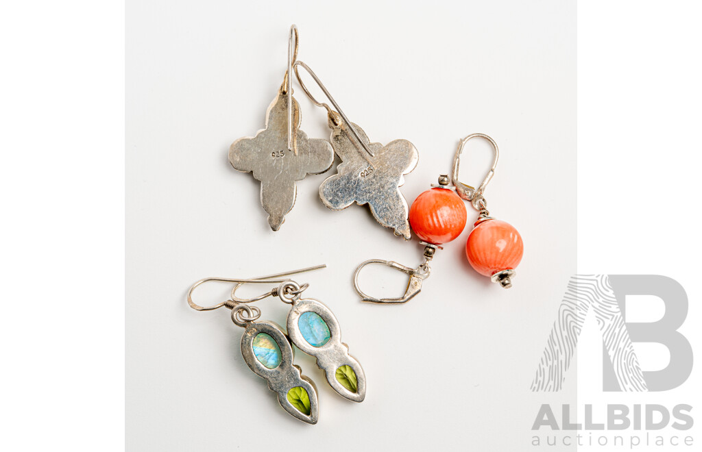 Sterling Silver Gemstone Set Drop Earrings with Peridot, Labradorite & Coral, 21.81 Grams