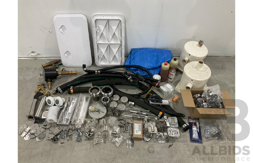Large Lot of New and Unused Marine Hardware and Stainless Fittings, Exhaust Pipe and Cummins Mufflers