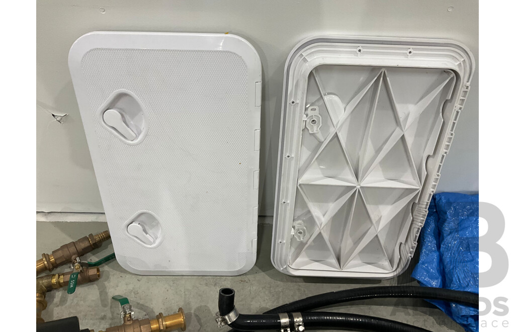 Large Lot of New and Unused Marine Hardware and Stainless Fittings, Exhaust Pipe and Cummins Mufflers