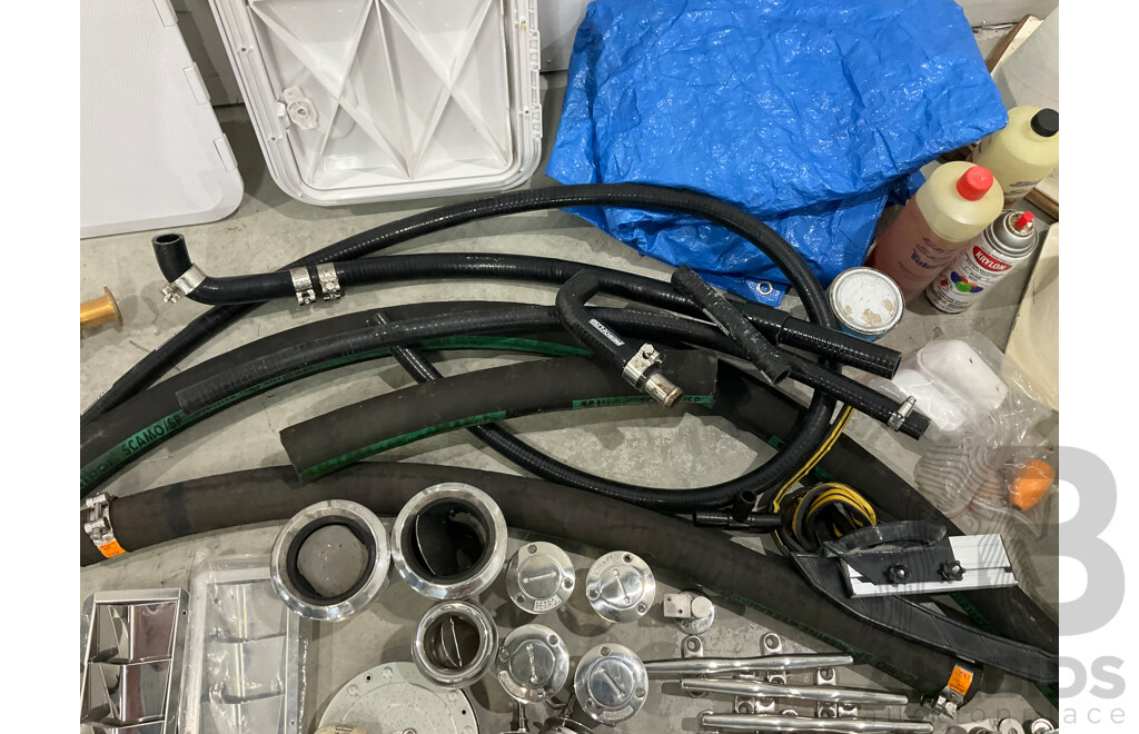 Large Lot of New and Unused Marine Hardware and Stainless Fittings, Exhaust Pipe and Cummins Mufflers