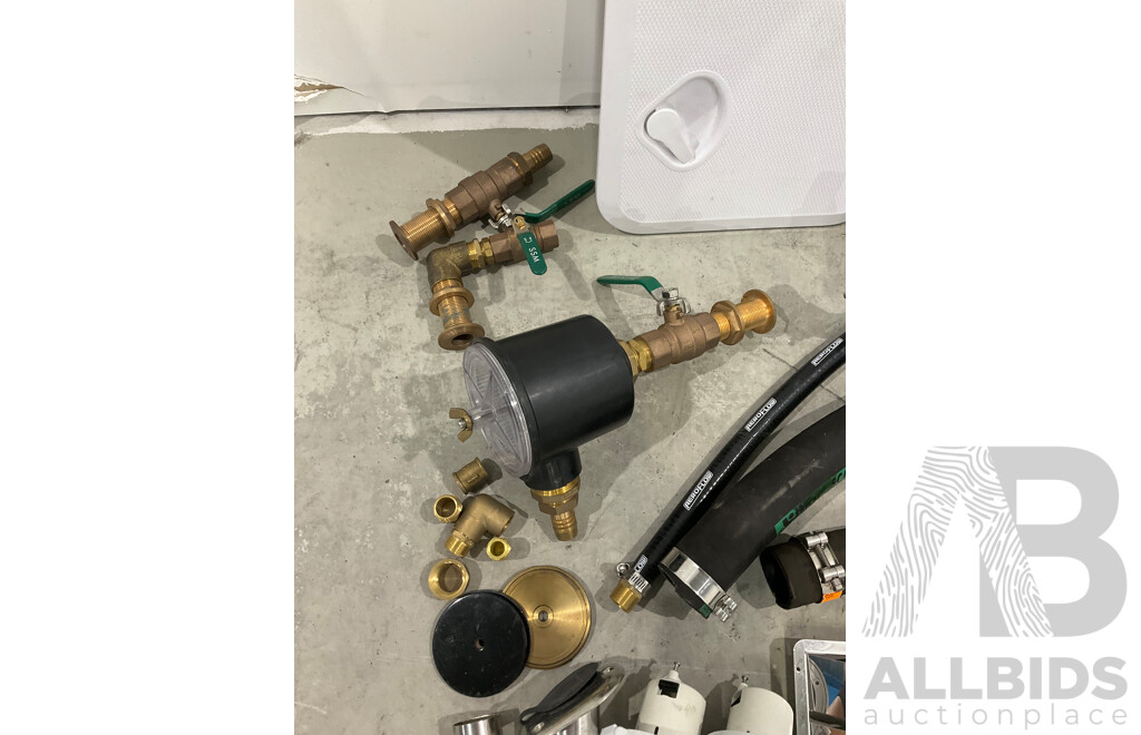 Large Lot of New and Unused Marine Hardware and Stainless Fittings, Exhaust Pipe and Cummins Mufflers