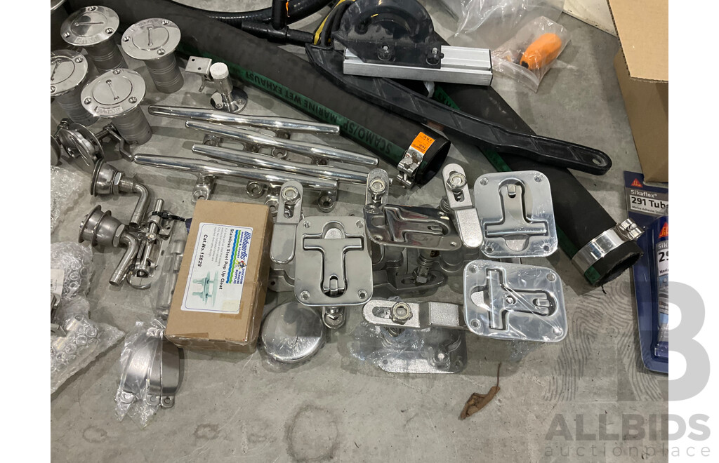 Large Lot of New and Unused Marine Hardware and Stainless Fittings, Exhaust Pipe and Cummins Mufflers