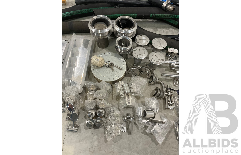 Large Lot of New and Unused Marine Hardware and Stainless Fittings, Exhaust Pipe and Cummins Mufflers