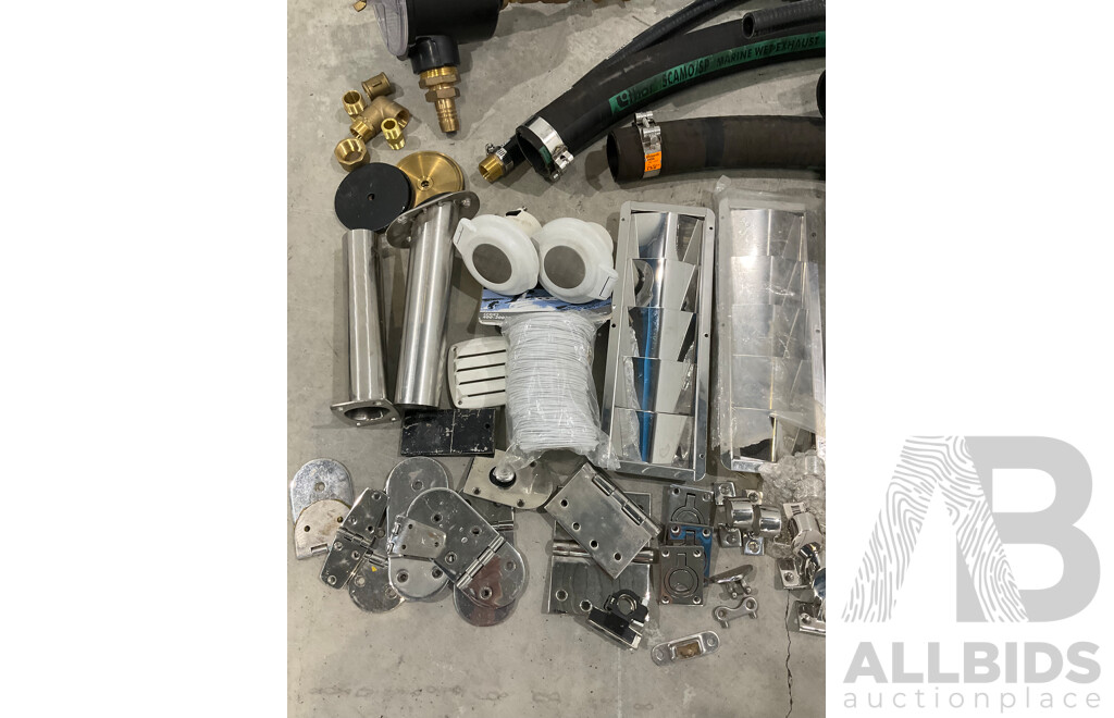 Large Lot of New and Unused Marine Hardware and Stainless Fittings, Exhaust Pipe and Cummins Mufflers