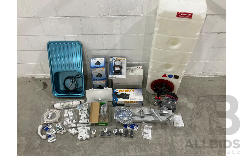 Large Bulk Lot of Marine Plumbing Items Including Water Tank, Shower, Accumulator Tank and Pump