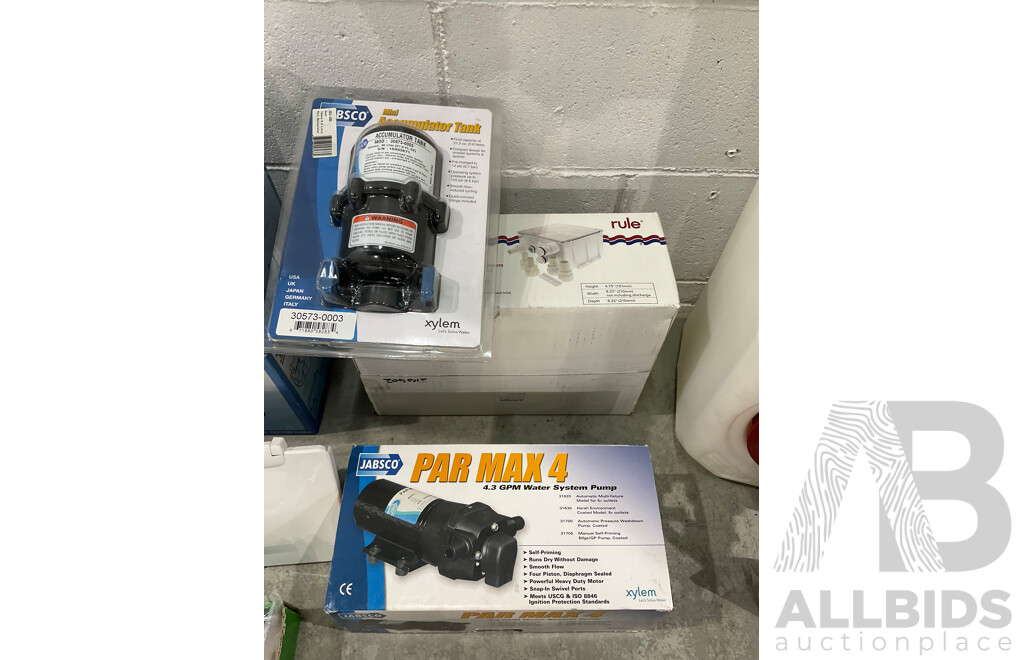 Large Bulk Lot of Marine Plumbing Items Including Water Tank, Shower, Accumulator Tank and Pump