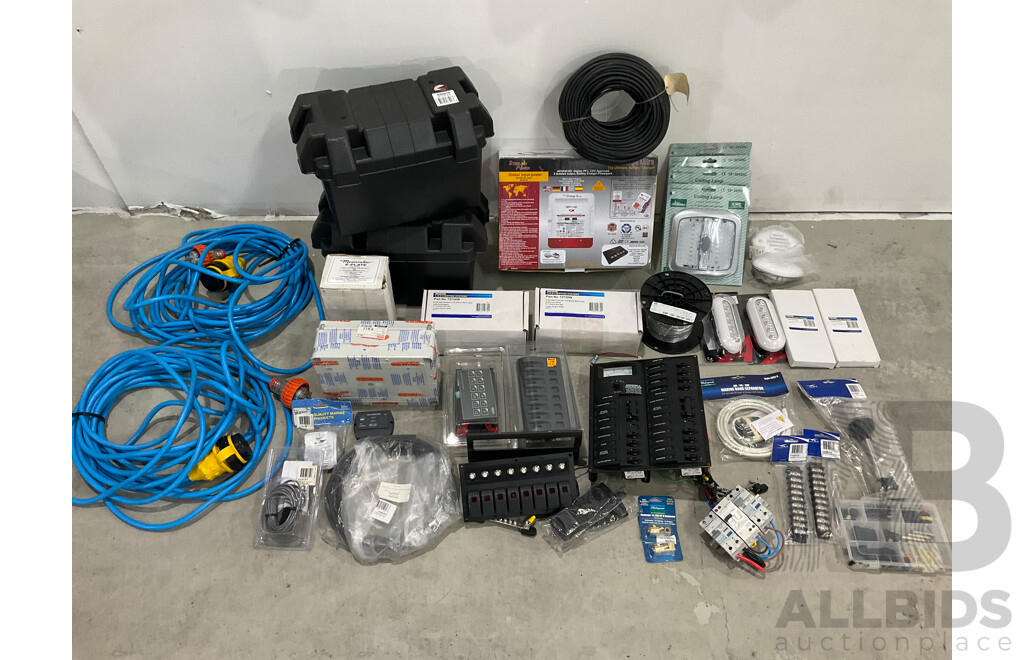 Assorted Marine Grade Boat Electrical Items - Marine Battery Charger, Ship to Shore Cable, Lighting, Breaker Board