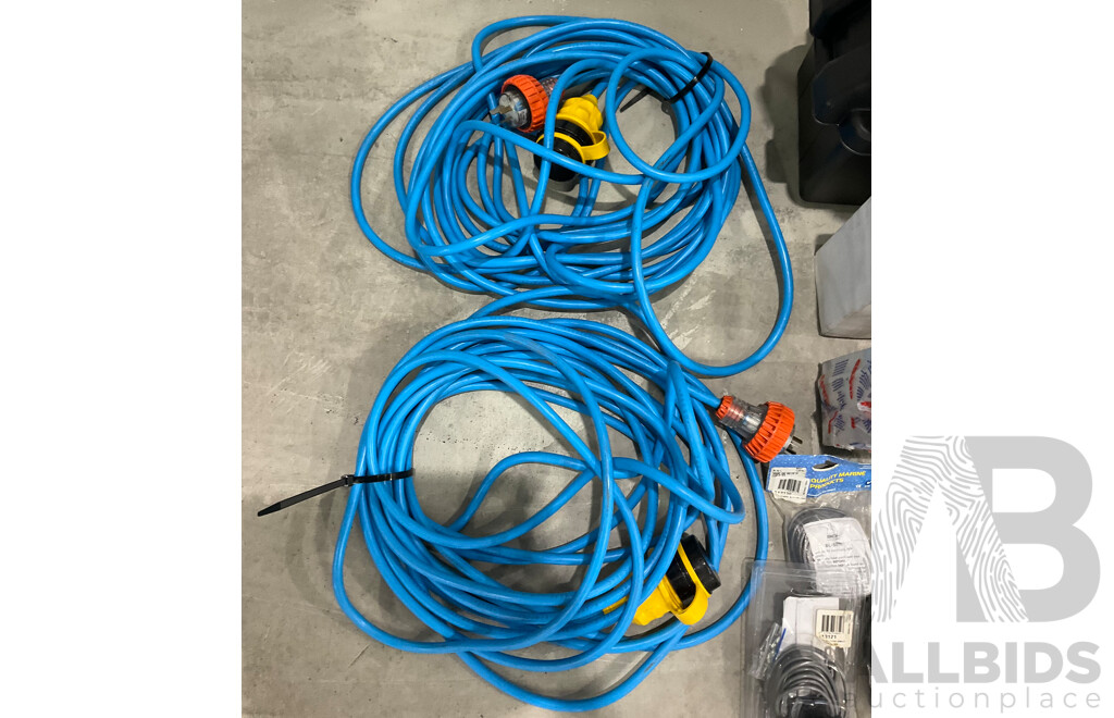 Assorted Marine Grade Boat Electrical Items - Marine Battery Charger, Ship to Shore Cable, Lighting, Breaker Board