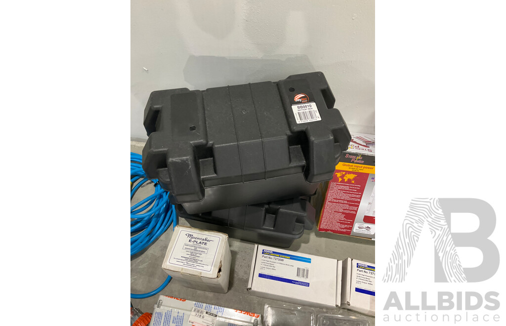 Assorted Marine Grade Boat Electrical Items - Marine Battery Charger, Ship to Shore Cable, Lighting, Breaker Board