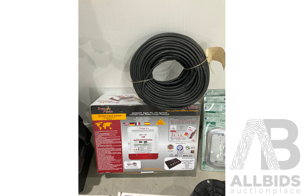 Assorted Marine Grade Boat Electrical Items - Marine Battery Charger, Ship to Shore Cable, Lighting, Breaker Board