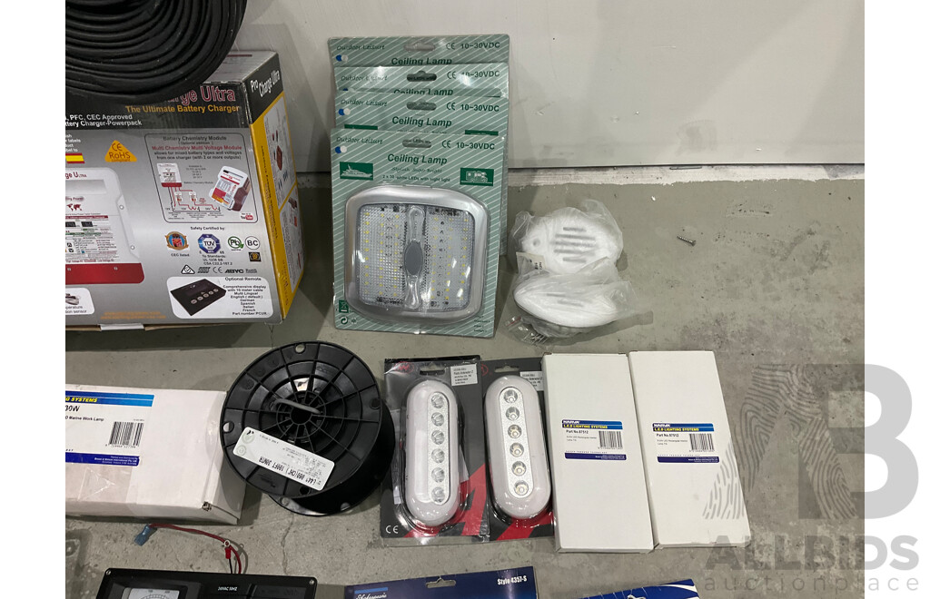 Assorted Marine Grade Boat Electrical Items - Marine Battery Charger, Ship to Shore Cable, Lighting, Breaker Board