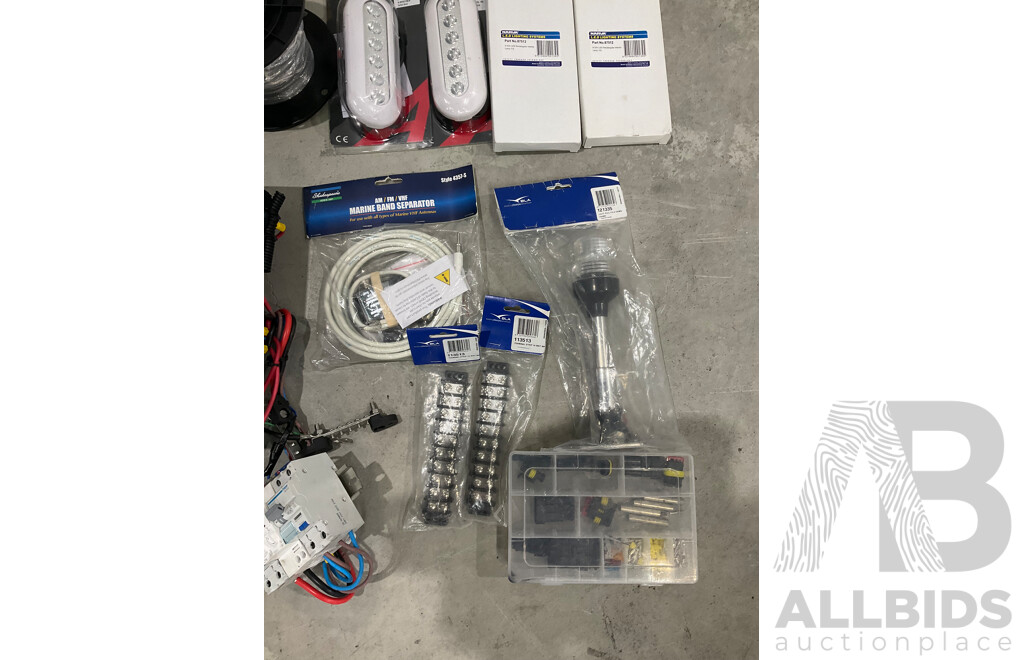 Assorted Marine Grade Boat Electrical Items - Marine Battery Charger, Ship to Shore Cable, Lighting, Breaker Board