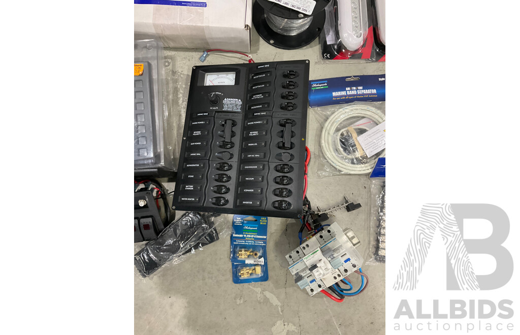 Assorted Marine Grade Boat Electrical Items - Marine Battery Charger, Ship to Shore Cable, Lighting, Breaker Board