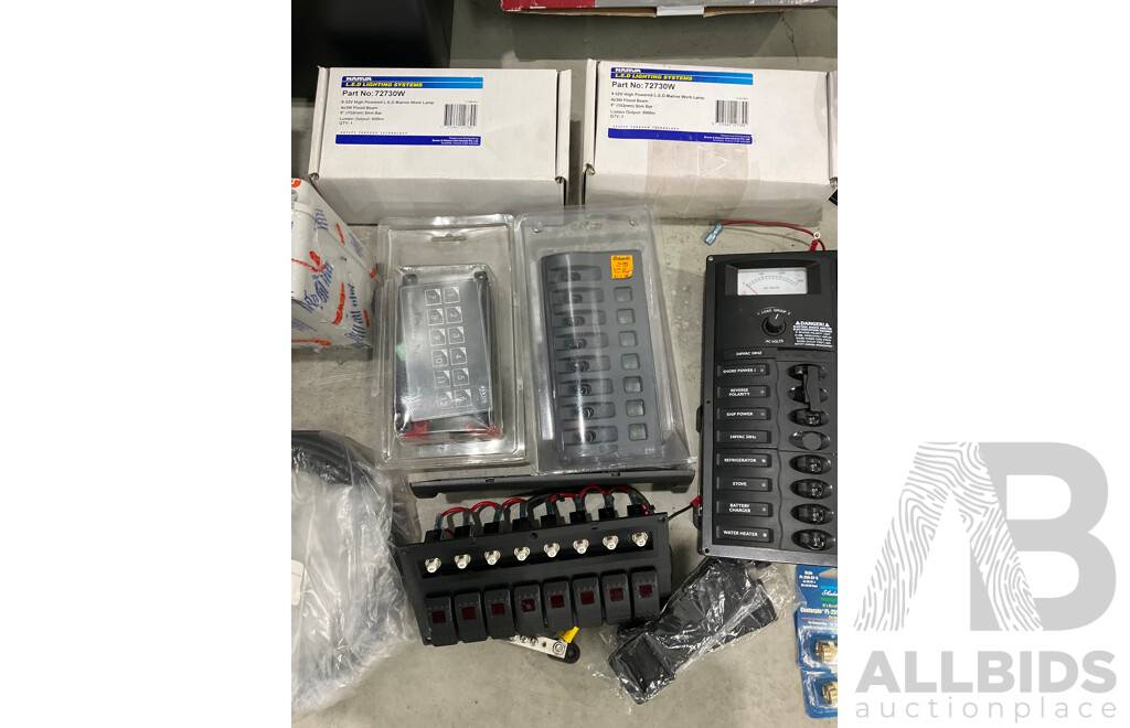 Assorted Marine Grade Boat Electrical Items - Marine Battery Charger, Ship to Shore Cable, Lighting, Breaker Board