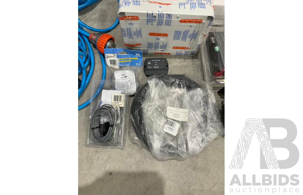 Assorted Marine Grade Boat Electrical Items - Marine Battery Charger, Ship to Shore Cable, Lighting, Breaker Board