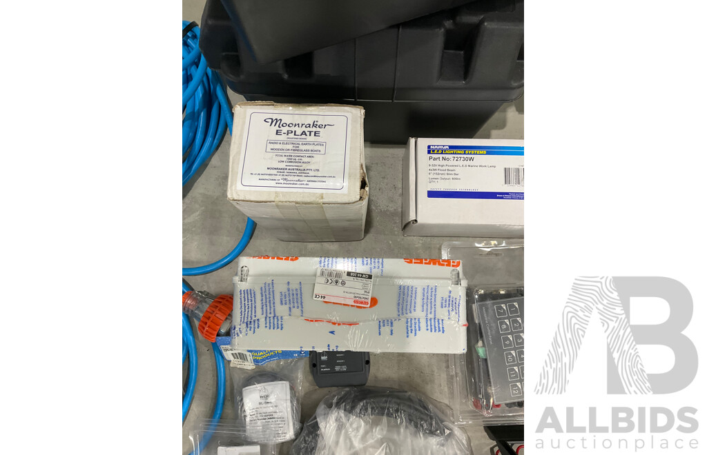 Assorted Marine Grade Boat Electrical Items - Marine Battery Charger, Ship to Shore Cable, Lighting, Breaker Board