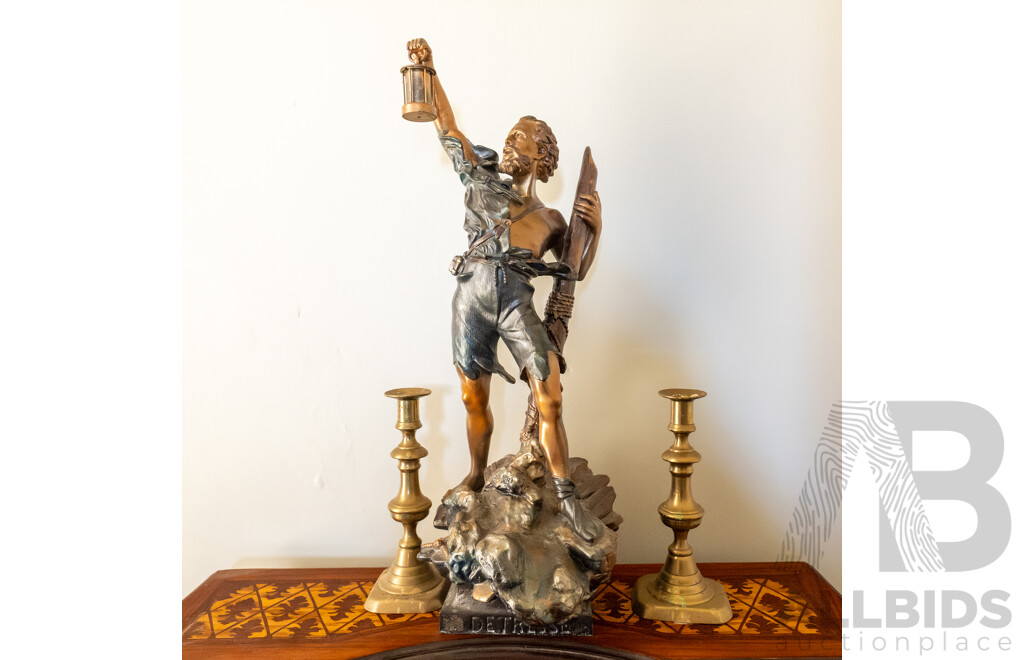 Reproduction Spelter Détresse Figure with Two Brass Candlesticks