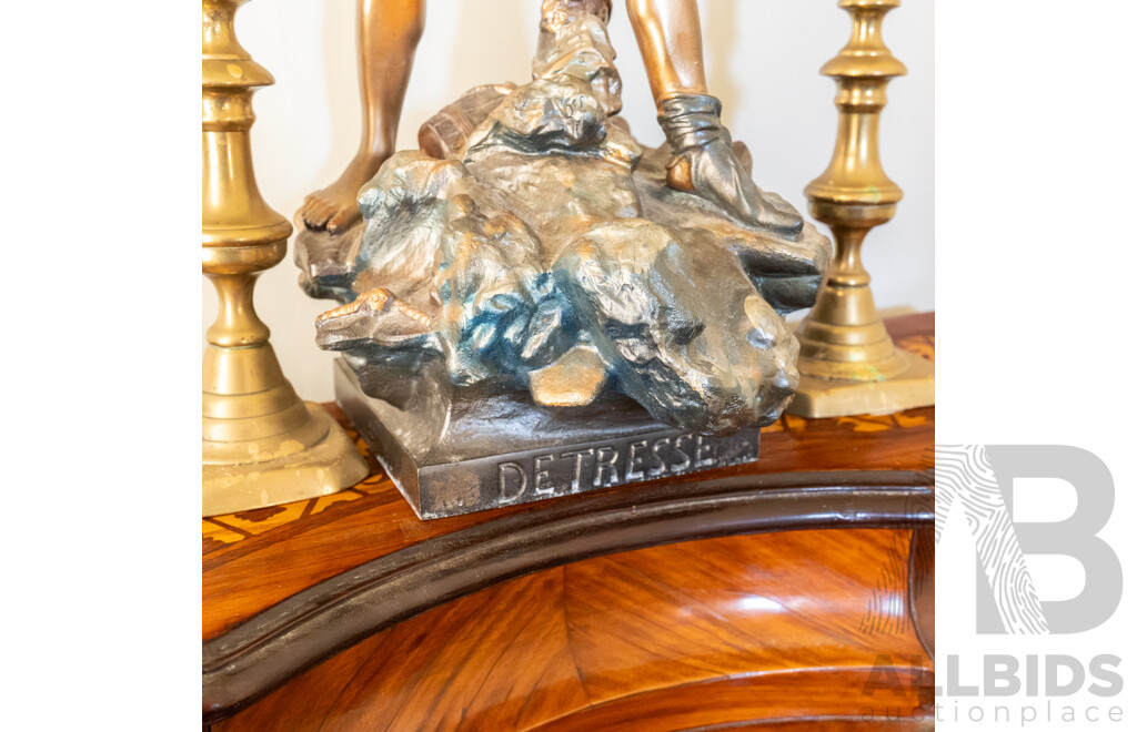 Reproduction Spelter Détresse Figure with Two Brass Candlesticks
