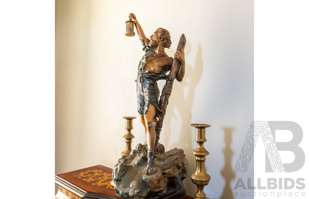 Reproduction Spelter Détresse Figure with Two Brass Candlesticks