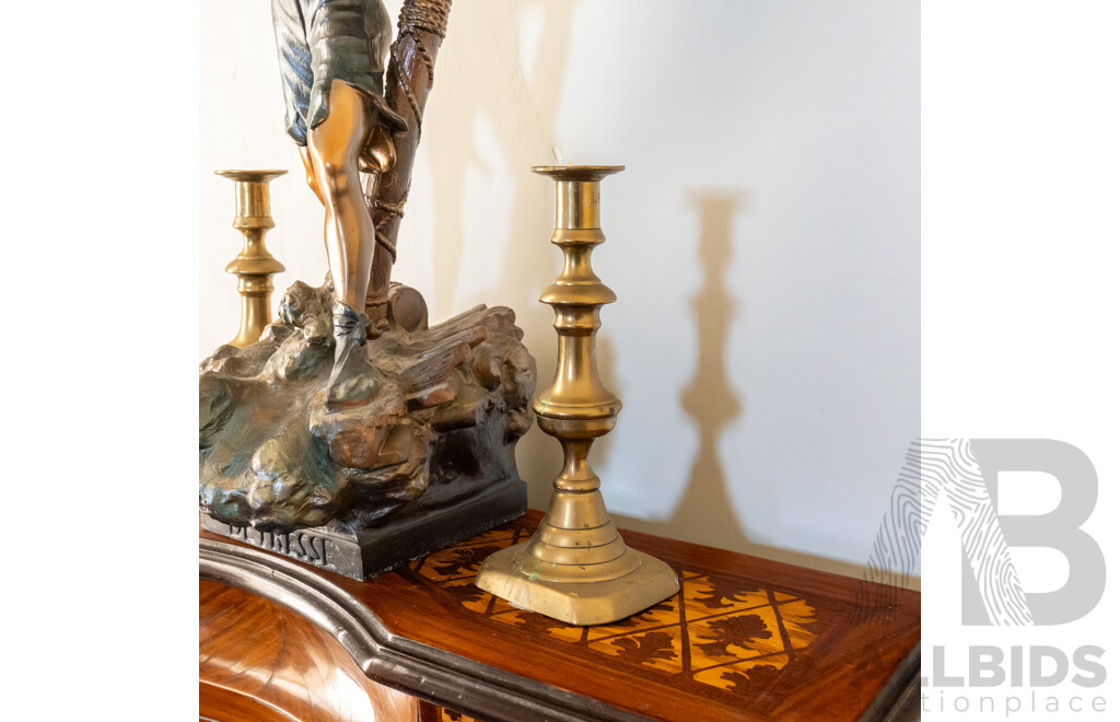 Reproduction Spelter Détresse Figure with Two Brass Candlesticks