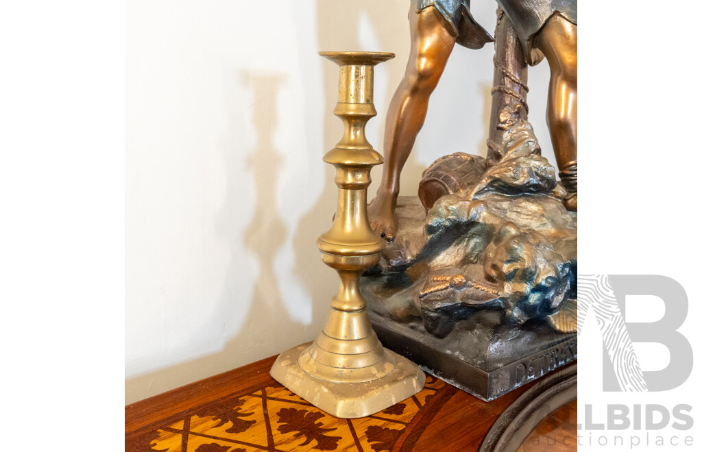 Reproduction Spelter Détresse Figure with Two Brass Candlesticks