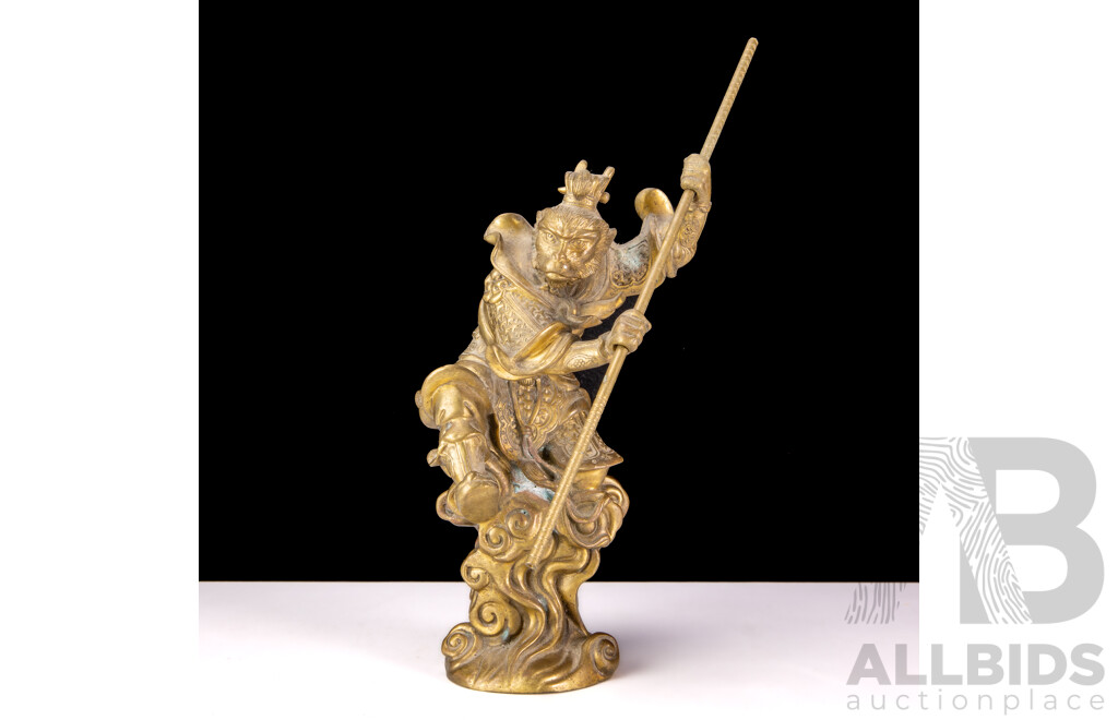 Vintage Chinese Heavy Brass Sun WuKong the Monkey King with Magic Ruyi Jingu Bang Staff