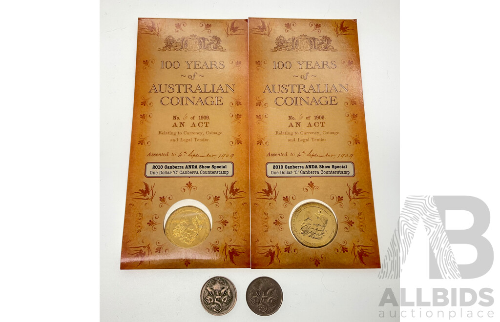 Two Australian RAM 2010 Commemorative One Dollar Coins, ANDA 100 Years of Australian Coinage 'C' Mint Marks with Two 1972 Five Cent Coins, Low Mintage