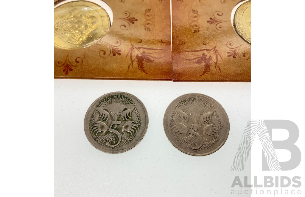 Two Australian RAM 2010 Commemorative One Dollar Coins, ANDA 100 Years of Australian Coinage 'C' Mint Marks with Two 1972 Five Cent Coins, Low Mintage