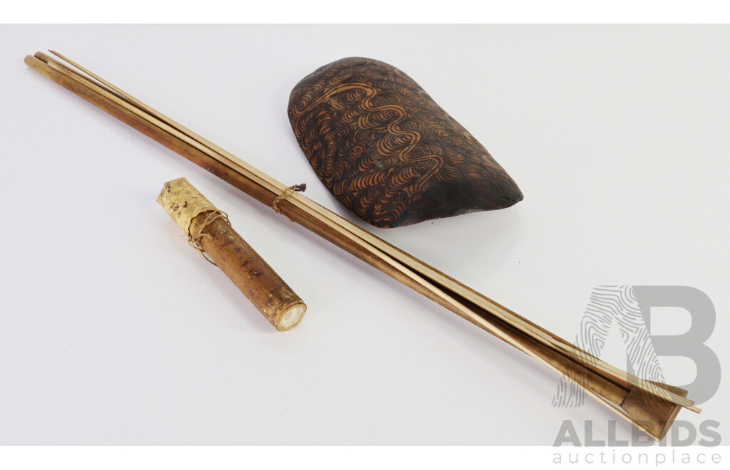 Vintage Dayak Borneo Twin Pipe Blow Gun with Container Darts Along with Vintage Australian Indigenous Aboriginal Wooden Coolamon with Pokerwork Decoration