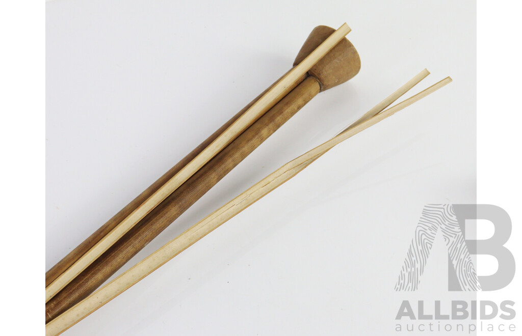 Vintage Dayak Borneo Twin Pipe Blow Gun with Container Darts Along with Vintage Australian Indigenous Aboriginal Wooden Coolamon with Pokerwork Decoration