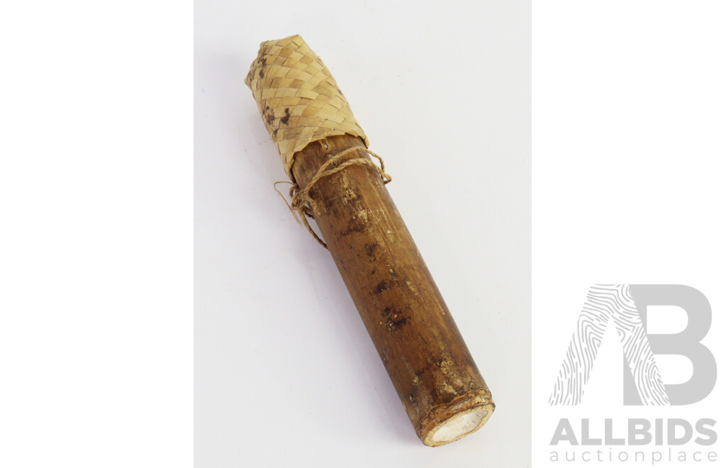 Vintage Dayak Borneo Twin Pipe Blow Gun with Container Darts Along with Vintage Australian Indigenous Aboriginal Wooden Coolamon with Pokerwork Decoration