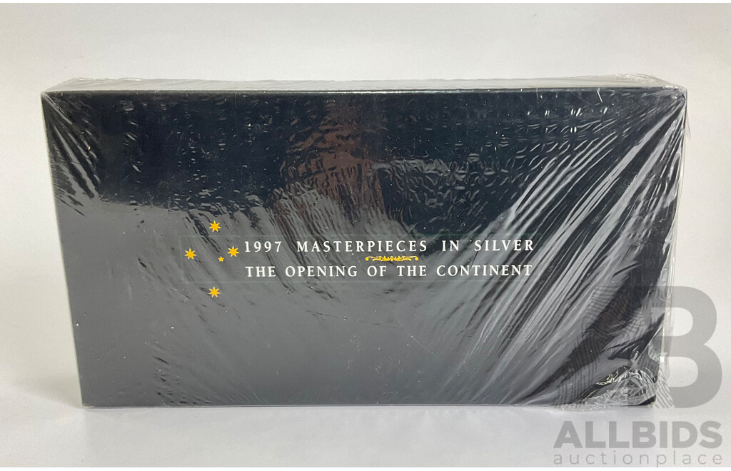 Australian RAM 1997 Masterpieces in Silver, Four Five Dollar Coin Set, The Opening of the Continent, in Origial Wrapping .925