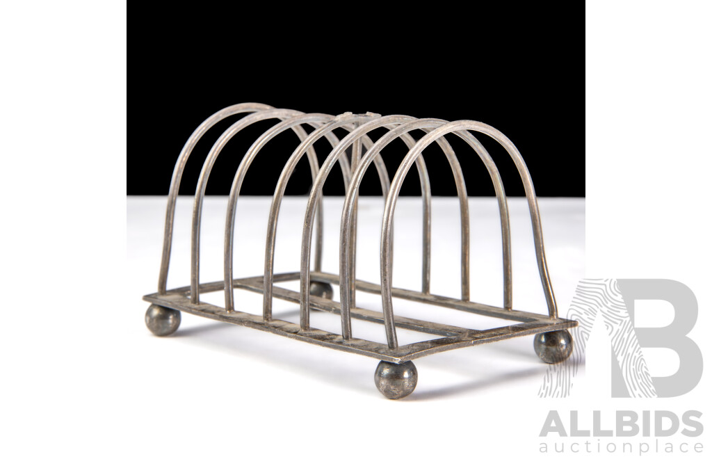 Antique Sterling Silver Toast Rack with Four Ball Feet, London 1897, Weight 107gm