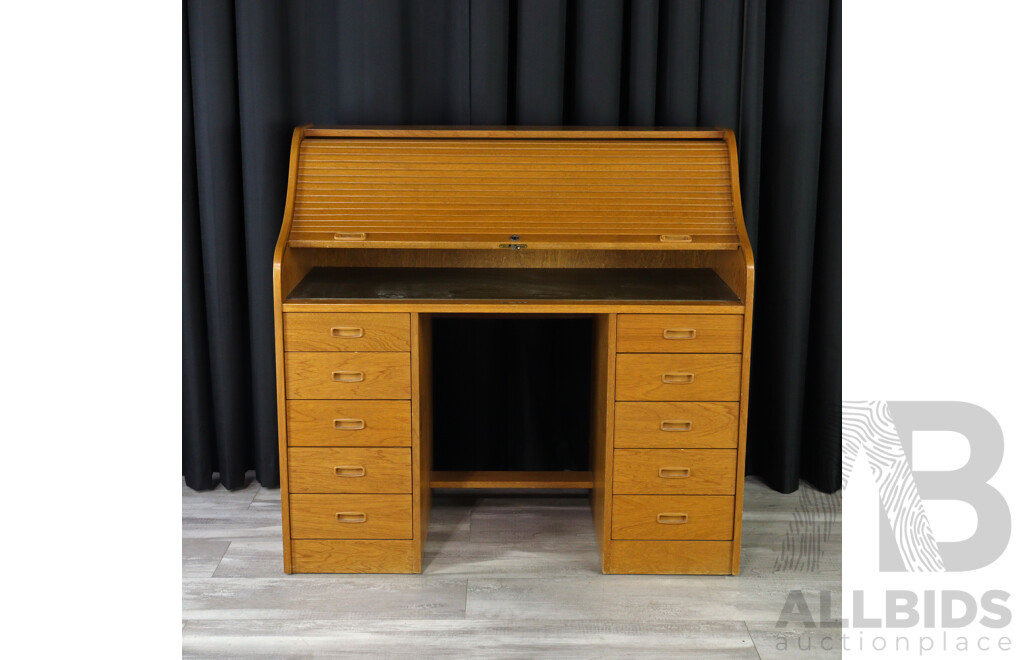 Retro Oak Twin Pedestal Roll Top Desk
