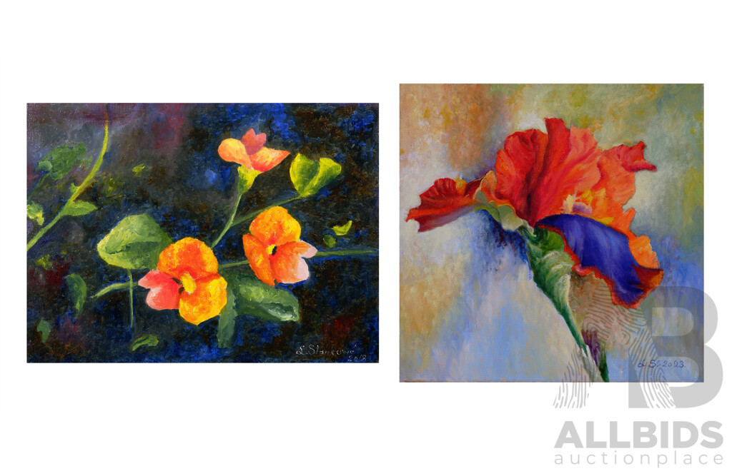 Lazo Stankovic, (20th Century, Australian), Orange Flowers & Colourful Flower, Bright Pair of Oils on Canvas, 26 x 35 cm & 30 x 30 cm (2)