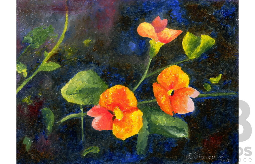 Lazo Stankovic, (20th Century, Australian), Orange Flowers & Colourful Flower, Bright Pair of Oils on Canvas, 26 x 35 cm & 30 x 30 cm (2)