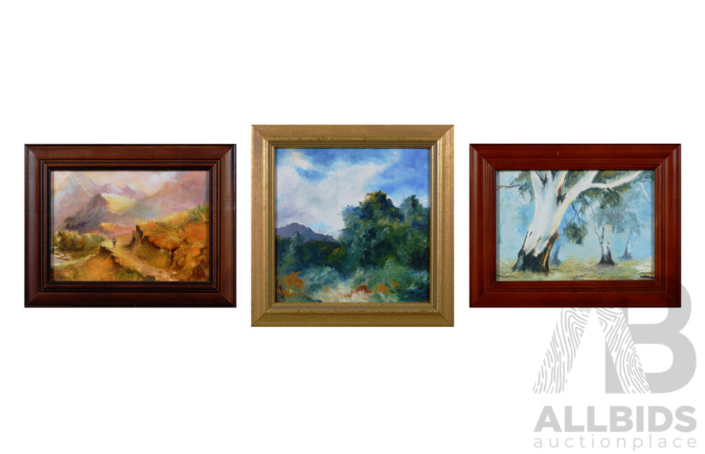 Lazo Stankovic, (20th Century, Australian), Under the Southern Sky, Angler's Journey & Guardian of the Land, Lovely Trio of Framed Oils on Canvas & Paper, 22 x 22 cm (frame largest) (3)